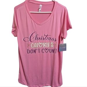 French Affair Graphic Women's Top Sz L Pink Christmas Neck Short Sleeve W-414